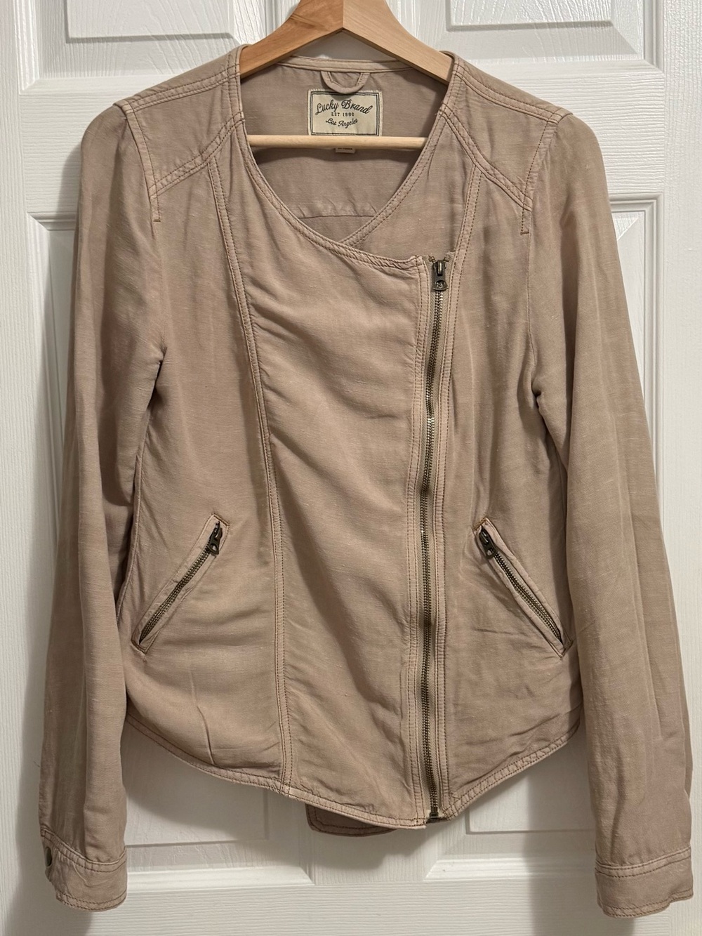 Lucky Brand Taupe Asymmetrical Zip Moto Jacket
